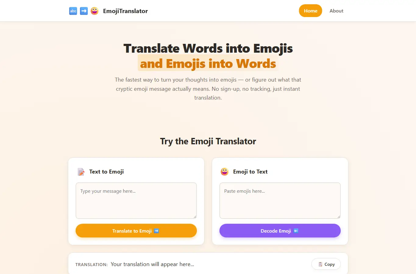 Screenshot of Emoji Translator – Turn Words into Emojis & Decode Emoji Messages interface showing the project page in use
